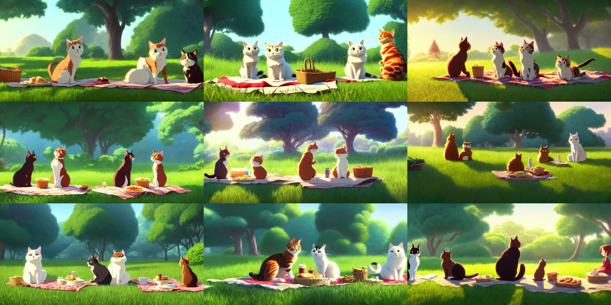 Prompt: a wholesome animation key shot of two cats on a picnic date, studio ghibli, pixar and disney animation, sharp, rendered in unreal engine 5, anime key art by greg rutkowski, bloom, dramatic lighting