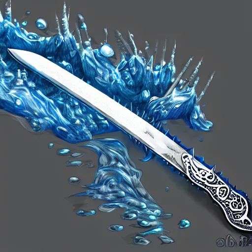 Image similar to a sword with its blade made of water and a silver handle with a blue gem on it, illustration, digital art, extremely detailed, realistic, trending on artstation