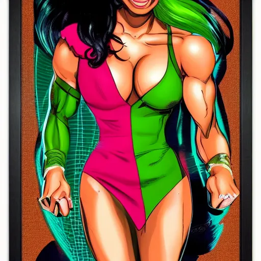 Image similar to Actress Gabrielle Union as She-Hulk, intricate, poster framed, pinup style, highly detailed, artstation, illustration, Gene Espy, Peter Temple, George Sportelli, Mitch Foust, Mike Hoffman, Garrett Blair, Mark Brown, Alex Miranda, Michael Bair, Eric Parker, Gene Espy, Mitch Foust, Peter Temple, Eric Parker, David Miller, Alex Miranda, Jay Fife, Brendon Fraim, David Bancroft, Al Rio, Mark Brown, Brian Fraim , Joe Rubinstein, Josh Templeton, Quinton Hoover, Eric Parker, Jim Sandersv Kevin Conrad, Michael Bair, Bob Layton