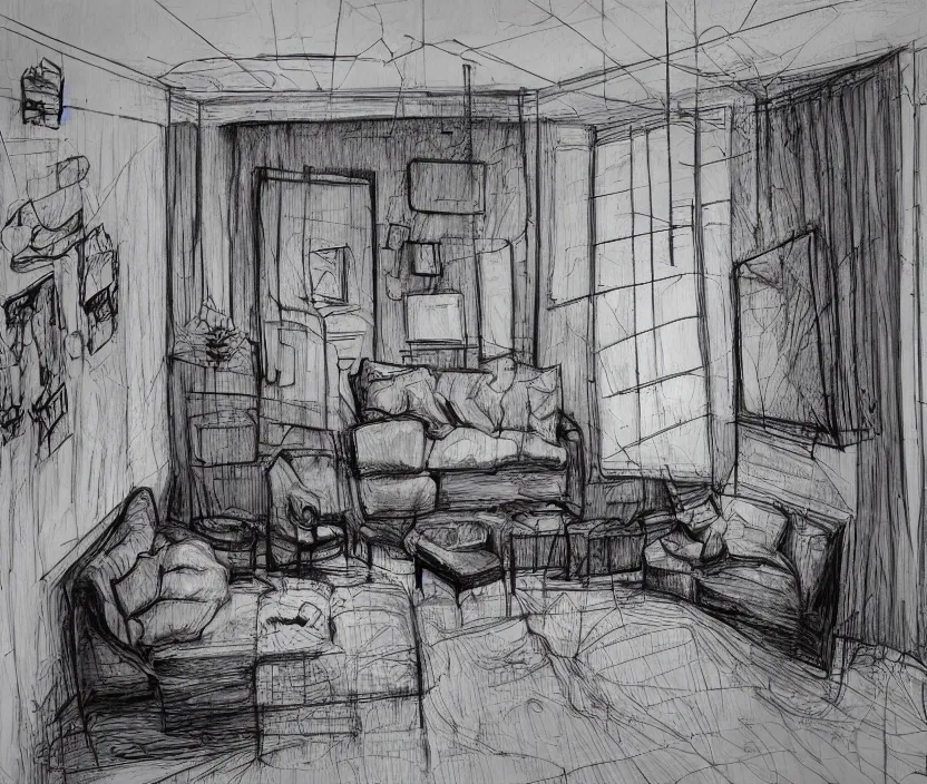 Prompt: An apartment interior at night, rotoscoped, rotoscope, photoshop, photomanipulation, realism, painting, illustration and sketch, weird scribbles, hybrid styles, hybrid art styles, mismatched, trending on artstation, trending on deviantart, weird, quirky, interesting, very detailed, highly detailed, HD Quality, 4k resolution, 8k resolution, in the style of David Firth, in the style of James Lee, in the style of Drue Langlois,