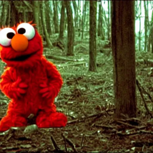 Image similar to elmo in the blairwitch project, scary, disturbing.