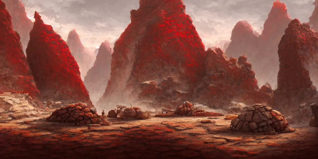 Image similar to a naturally reddened outcropping of stone juts out of the salted crag, matte oil painting, colored merchant tents, retrofuturistic science fantasy, rpg, epic, extremely detailed, sharp focus, 4 k