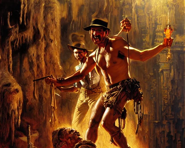 Image similar to indiana jones and the temple of doom, theatrical, hyperdetailed, painting by gaston bussiere, craig mullins, j. c. leyendecker, tom of finland