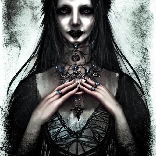 Image similar to A portrait of a Gothic goddess of horror jewels in an empty land, dark and mysterious, lively atmospheric, cinematic, 8k, 4k, ultra detail, ultra-realistic, rendered by DeviantArt
