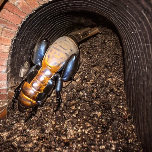 Prompt: photograph of a giant boring beetle destroying a wine cellar