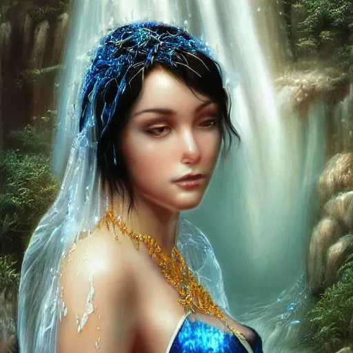 Prompt: beautiful woman, white transparent veil black hair, bathing in a waterfall, swimming, ethereal, emotive, fine art, water mist, mystical, Romanticism, natural light, cinematic lighting, ultra detailed, highly detailed, sharp focus, golden background with flowers, golden jewelry with blue sapphires, photographic, art by artgerm and greg rutkowski and zdislav beksinski