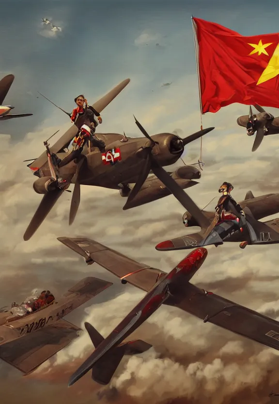 Image similar to [St.Georges fighting a plane adorned with checkered flag. Soviet and chinese Propaganda!!! poster!!!, elegant, highly detailed, digital painting, artstation, concept art, matte, sharp focus, illustration, octane render, unreal engine, photography]