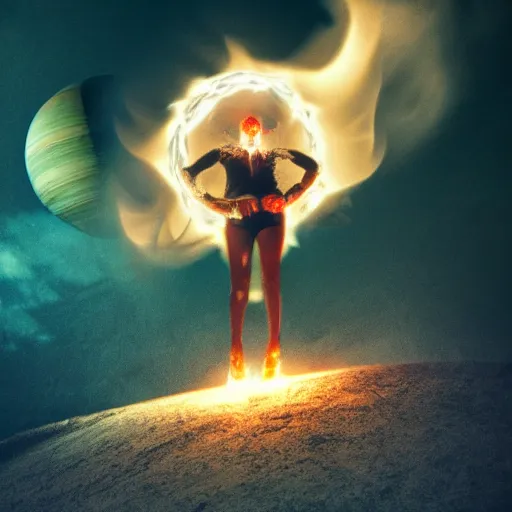 Image similar to a woman up there, concept art aesthetics, on fire, photoshop, colossal, creative and cool, giant, photo manipulation, planets, outer space, low angle, smoke, destruction