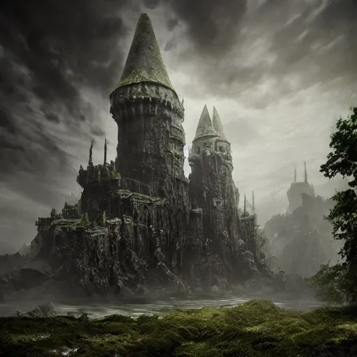 Image similar to full body pose, hyperrealistic photograph of the black castle of rotbog swamp, dim volumetric lighting, 8 k, octane beautifully detailed render, extremely hyper detailed, intricate, epic composition, cinematic lighting, masterpiece, trending on artstation, very detailed, stunning, hdr, sharp focus, high resolution, award, winning photo, dslr, 5 0 mm