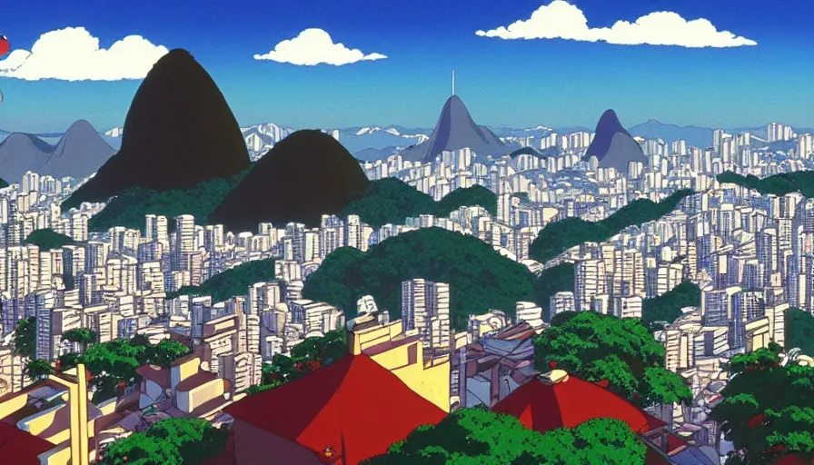 Prompt: 1 9 8 6 movie screencap of rio de janeiro, studio ghibli sky, beautiful favela background extremely utra high quality artwork 8 k