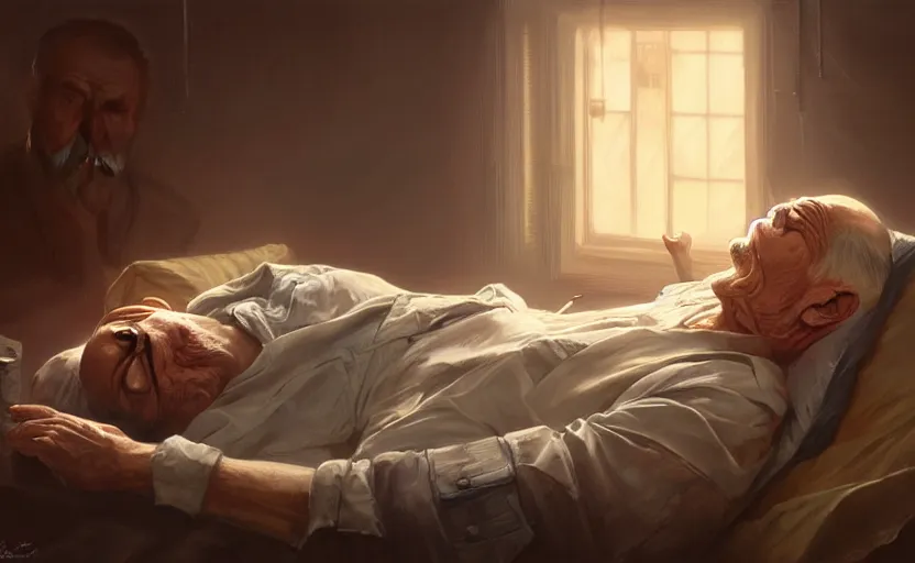 Image similar to old man on a death bed close to a breathing machine, intricate, portrait, highly detailed, digital painting, artstation, concept art, smooth, sharp focus, illustration, cinematic lighting, art by artgerm and greg rutkowski and alphonse mucha