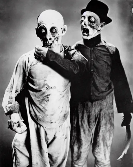Image similar to Buster Keaton and Jimmy Durante as zombies, 1930' horror movie, Studio still