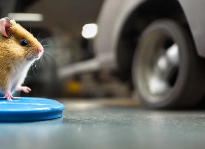 Image similar to film still of a hamster working as a mechanic in an auto shop, 8 k