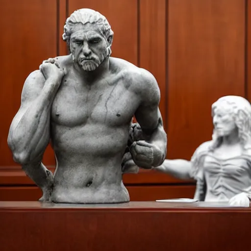 Image similar to Courtroom photograph of a marble statue angry with his attorney