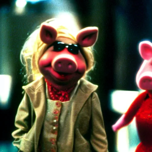 Prompt: movie still of miss piggy starring as trinity in the matrix 1 9 9 9 movie