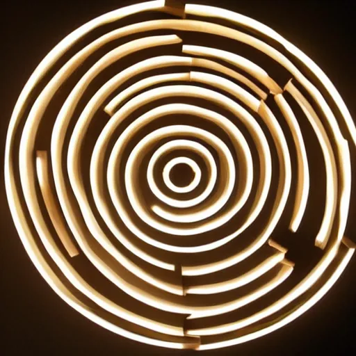 Image similar to circle shaped sculpture, curves, wood, lights