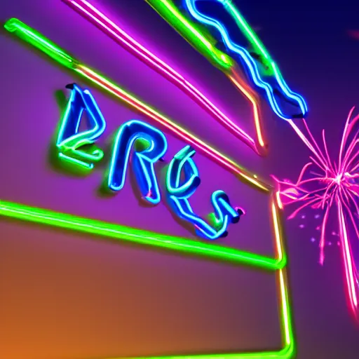 Prompt: the letters r & d made out of neon circuits, whilst fireworks explode in the night sky, ultra realistic video game render