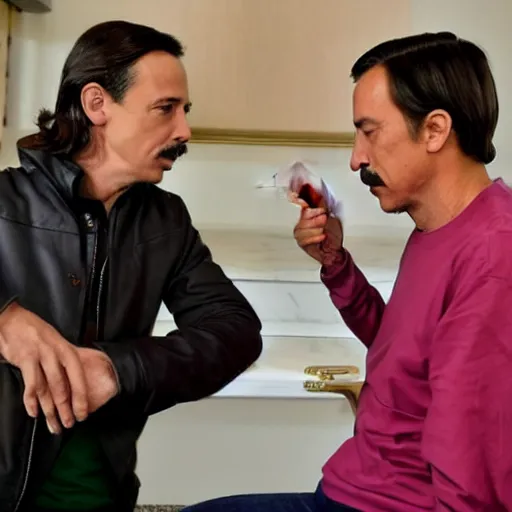 Prompt: pedro sanchez smoking weed with pablo iglesias