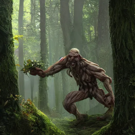 Image similar to a forest giant in the woods, au naturel, hyper detailed, digital art, trending in artstation, cinematic lighting, studio quality, smooth render, unreal engine 5 rendered, octane rendered, art style by klimt and nixeu and ian sprigger and wlop and krenz cushart