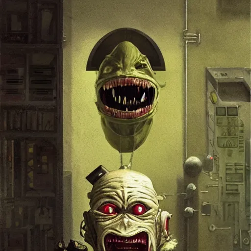 Prompt: minimalist cyborg goblin with maniacal expression and bulging eyes inside byzantine hong kong hoarder labaratory, portrait by by greg rutkowski and h. r. giger and stalenhag and deak ferrand, studio ghibli composition