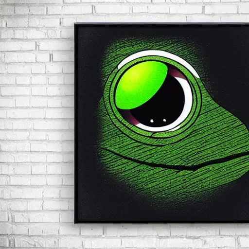 Prompt: pepe the frog being abducted by aliens in the living room of a house, floating dark energy surrounds them. there is one plant to the side of the room, surrounded by a background of dark cyber mystic alchemical transmutation heavenless realm, fish eye lens, cover artwork part by patrick nagel, part by virgil finlay, palette knife texture, highly detailed