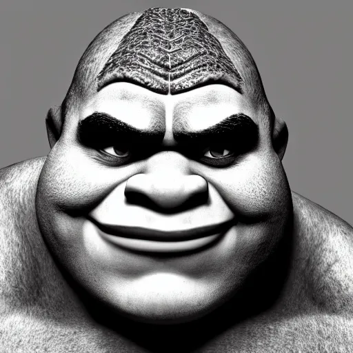 Image similar to black and white photographic portrait of shrek, harsh lighting, 8k, high definition, detailed, 4k, artistic