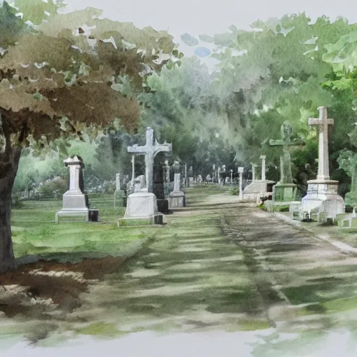 Image similar to water color on paper, walk in the cemetery, highly detailed, artstation, masterpiece, award - winning,