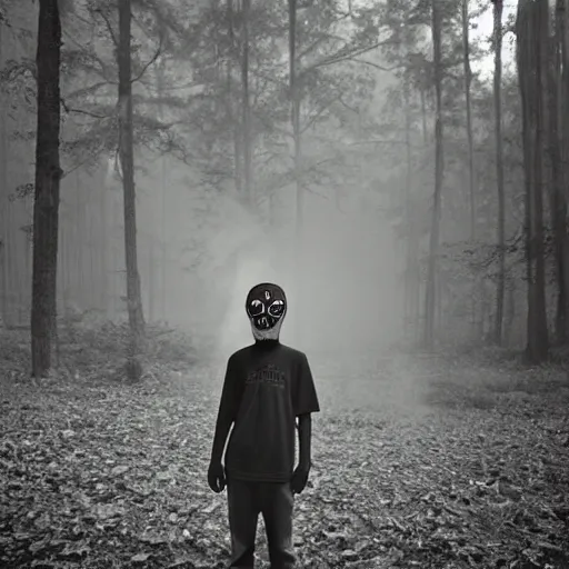 Image similar to teenage boy with skull mask, smoke around him, forest, by sally mann