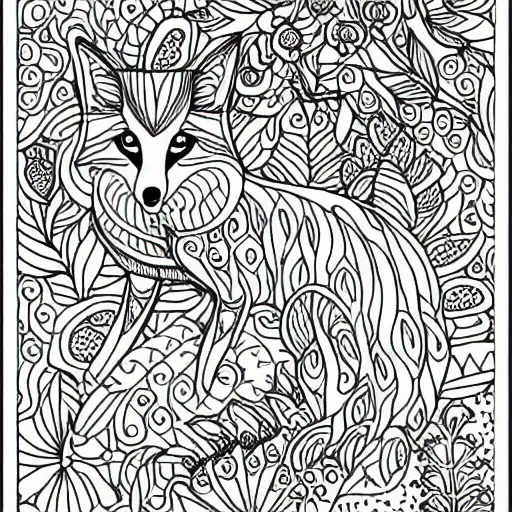 Prompt: an adult coloring page of a fox in an enchanted forest