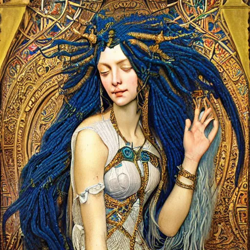 Image similar to intricate detail, hyper detail, lady of elche techno mystic princess intergalactica, ashteroth, with aqua neon rapunzel dreadlocks, detailed, by sandro botticelli, gaston bussiere, h. r. giger, masterpiece, sharp focus,