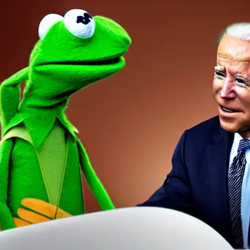 Image similar to joe biden puppeteering kermit the frog, still image, extreme detail, screenshot, 8 k, video footage, sharp