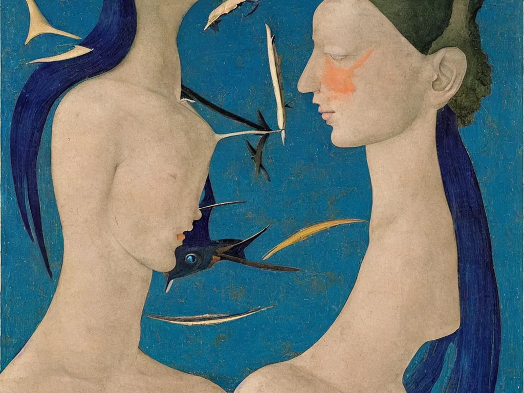 Image similar to portrait of a woman head with close up exotic southern blue devil fish. lapis lazuli, malachite, cinnabar, gold. painting by piero della francesca, balthus, agnes pelton