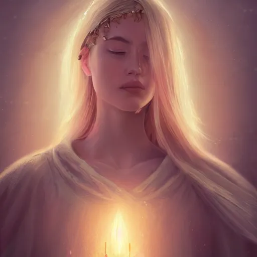 Prompt: Masterpiece portrait of an aesthetic beautiful realistic blond priestess, 30 years old woman, praying, cinematic light, digital painting by WLOP, atmospheric effects, fireflies, 4K, octane render, artstation, deviantart, close view