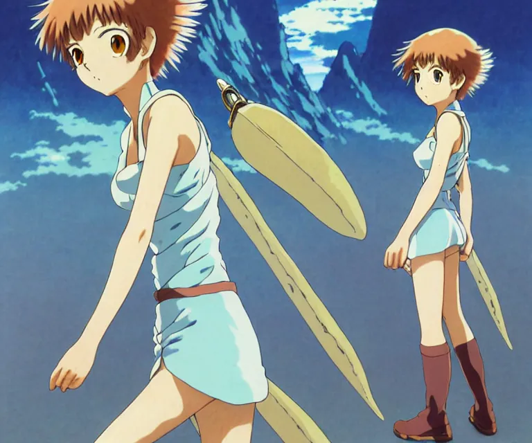 Image similar to anime art full body portrait character nausicaa by hayao miyazaki concept art, anime key visual of elegant young female, short brown hair and large eyes, finely detailed perfect face delicate features directed gaze, valley of the wind and mountains background, trending on pixiv fanbox, studio ghibli, extremely high quality artwork by kushart krenz cute sparkling eyes scenery