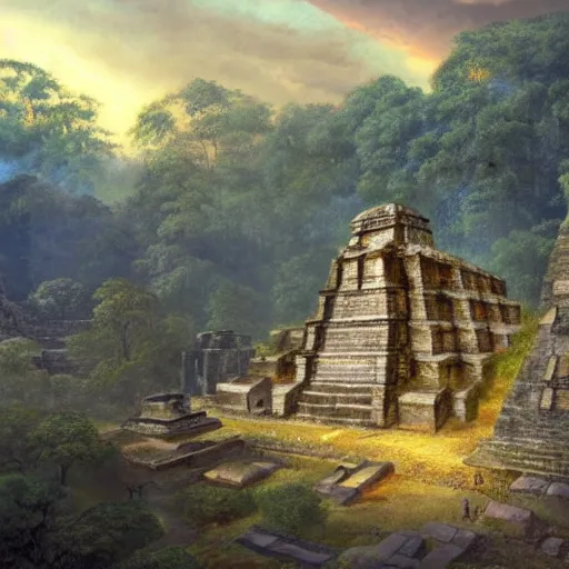 Prompt: landscape with ancient temple ruins in the rainforest, dusk, godrays, Mysterious downfall of the great Mayan civilization is revealed, concept art, stains