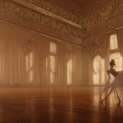 Image similar to two ghosts dance ballet in a victorian era grand ballroom, beksinski, dariusz zawadzki, very coherent symmetrical artwork. cinematic, hyper realism, high detail, octane render, 8 k