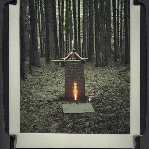 Image similar to occult human sacrifice in woods dark, Polaroid photo