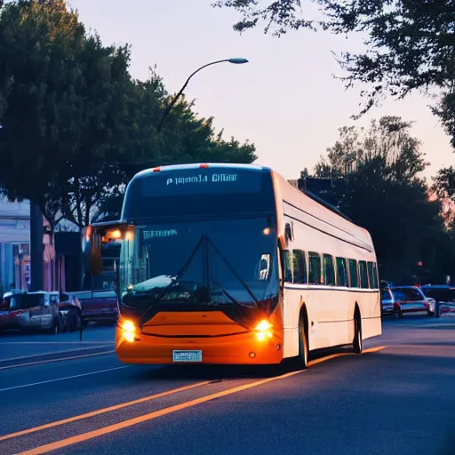 Prompt: transit bus driving through a small town during sunset