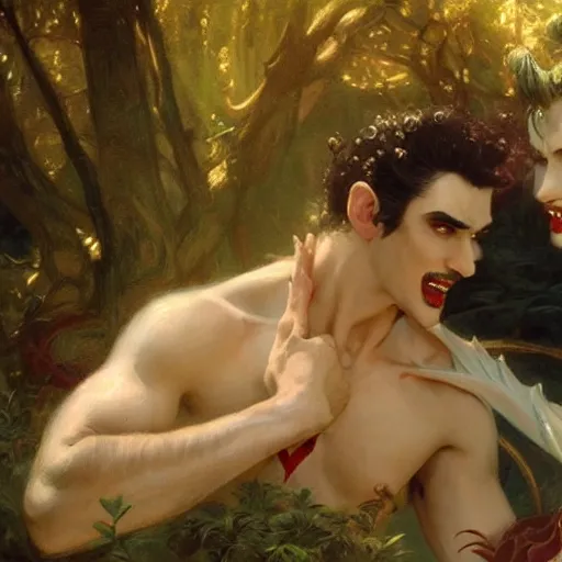 Image similar to attractive male fairy of the forest confesses his love to attractive male dracula the vampire. highly detailed painting by gaston bussiere, craig mullins, j. c. leyendecker 8 k