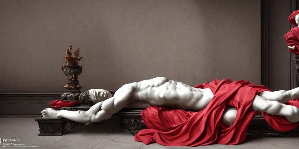 Image similar to baroque delicate full-body marble sculpture of handsome teenage demon boy laying back with arm behind his head while checking his notifications on his phone, red silk flowing fabric, marble white columns, black plastic, black tar particles, iridescent accents, sakura color scheme, intricate artwork by caravaggio, Trending on artstation, octane render, cinematic, hyper realism, octane render, 8k, depth of field, bokeh