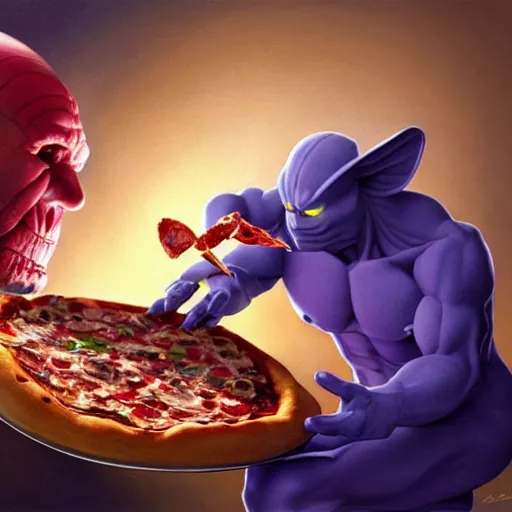 Image similar to ultra realistic illustration of the noid stealing a pizza from thanos, intricate, elegant, highly detailed, digital painting, artstation, concept art, smooth, sharp focus, illustration, art by artgerm and greg rutkowski and alphonse mucha