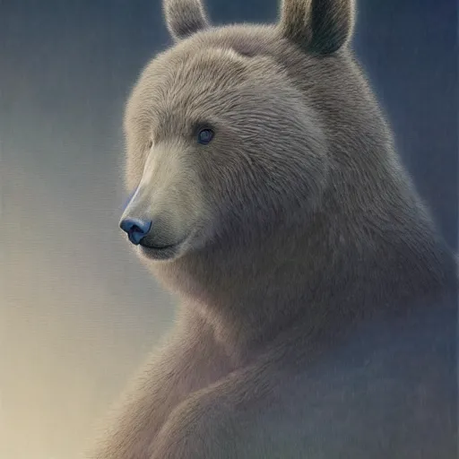 Image similar to bear rabbit hybrid character portrait by jean delville, tom bagshaw, makoto shinkai, gustave dore and marco mazzoni, studio ghibli style, porcelain, histological, biology, zoology artificial intelligence, ebony, ivory, organic, detailed fur, intricate details