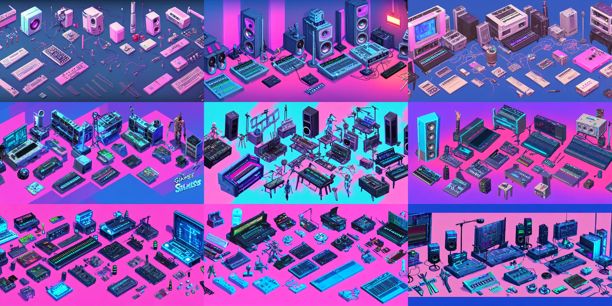 Prompt: game asset of the sims cyberpunk music studio audio equipments utensils and furniture decoration, in gouache detailed paintings, props, stylized, 2 d sprites, kitbash, arcane, overwatch, blue and pink color scheme, 8 k, close up