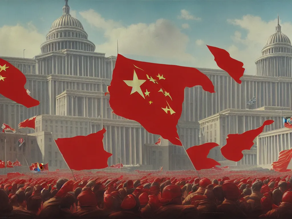 Image similar to matte painting by fan wennan. communist american future capitol shining in the sun after the triumph of socialism in america, hyperdetailed, cinematic, photorealistic, hyperrealism, masterpiece, grounded rectangular communist governmental architecture, statue, imposing, strength, abundance. american communist party. america 2 0 9 8