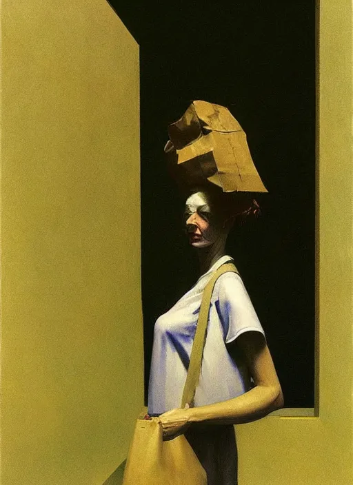 Image similar to woman in paper bag over the head flooded oxygen tank Edward Hopper and James Gilleard, Zdzislaw Beksinski, highly detailed