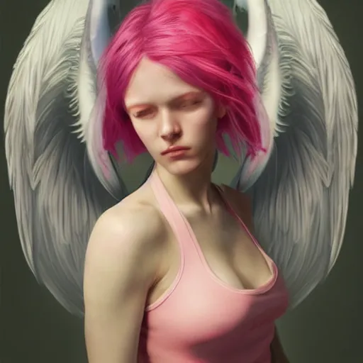 Prompt: beautiful warrior angel with pink hair, upper body, blue piercing eyes, mystery, beautiful aesthetic, by james jean, trending on artstation, 8 k, ultra realistic