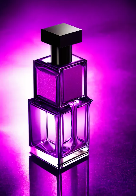 Prompt: close up shot of one premium perfume bottle containing purple liquid, the bottle is placed on a black table, the bottle is in the middle of the scene, purple dust in the background, dark cinematic lighting, spotlight, ultra detail, commercial, designer product, cinematic lighting, hd artstation, symmetrical, rendered, 4k