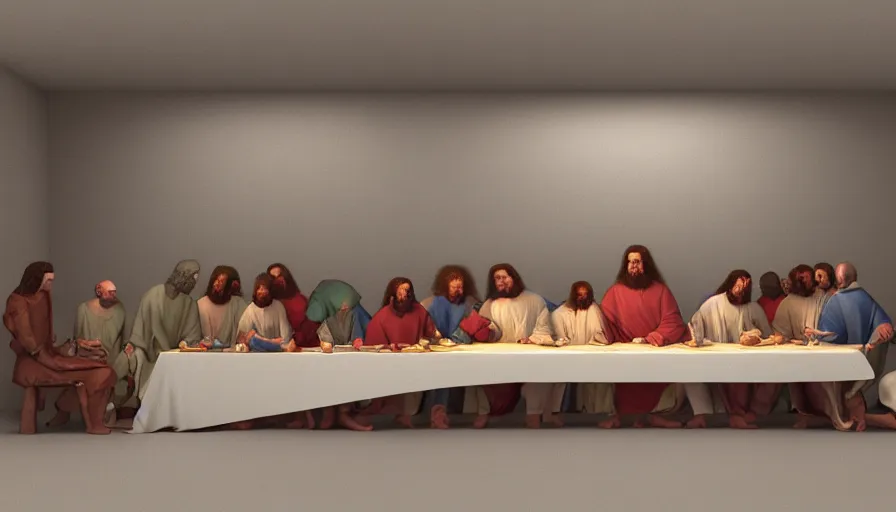 Prompt: 3 d model of the last supper, octane render, rendered lighting