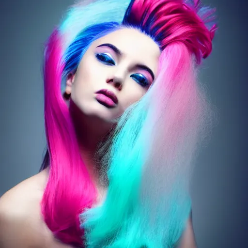 Image similar to a dramatic photo of a beautiful woman with cotton candy hair. with a little bit of cyan and pink