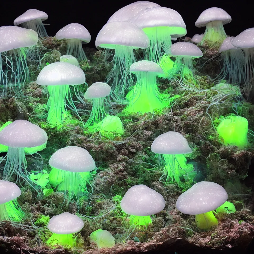 Image similar to a terrarium of bioluminescent jellyfish like mushrooms with veins